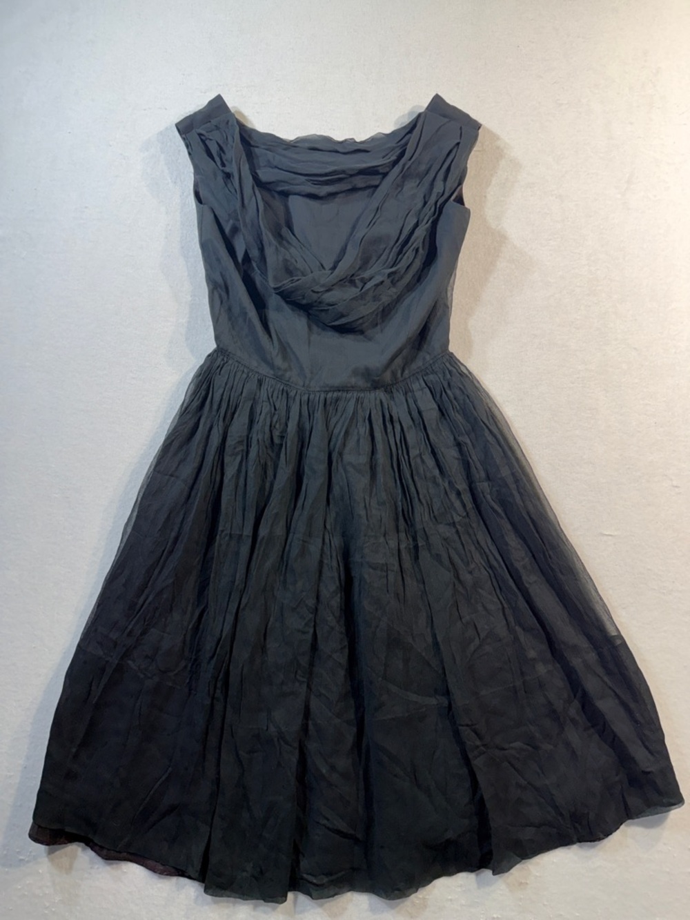 Vintage 60's Draped Bateau Neck Chiffon Fit-And-Flare Dress
